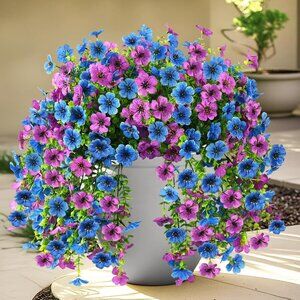 Purple Blue 2-Pcs Artificial Hanging Faux Flowers Plants Outdoors Home Decor